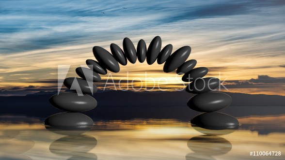 Bild på 3D rendering of balancing stones forming an arch in water with sunset sky and peaceful landscape